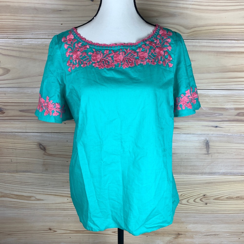 Talbots Blouse Womens MP Teal Pink Floral Embroidered Cotton Scoop Neck Top